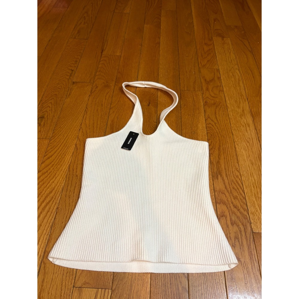 New Express White Ribbed Knit Halter Top Sleeveless Summer Basic 08263815 Small